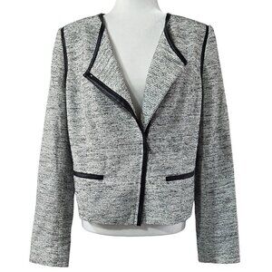 Classiques Entier White Black Tweed Moto Zip Jacket Faux Leather Trim Preppy